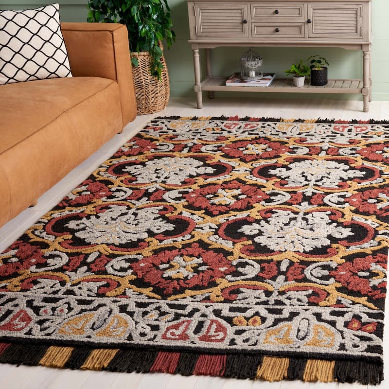 SAFAVIEH Handmade Blossom Parthenia Floral Wool Rug - 6' x 9' - Charcoal/Red - Rectangle