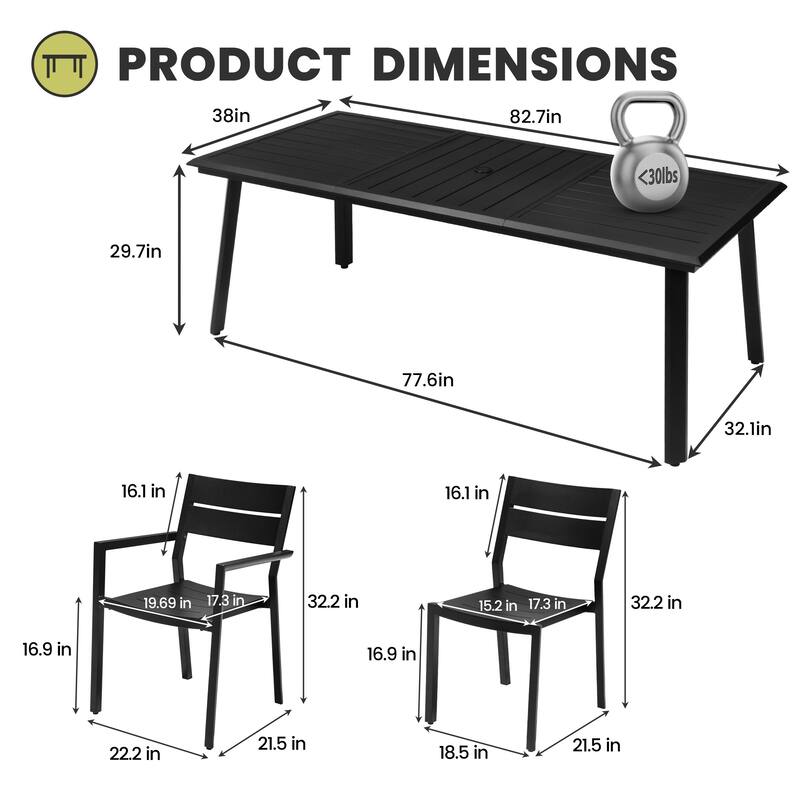 7/9 Piece Outdoor Patio Dining Set Aluminum Dining Table with Umbrella Hole and Stackable Chairs