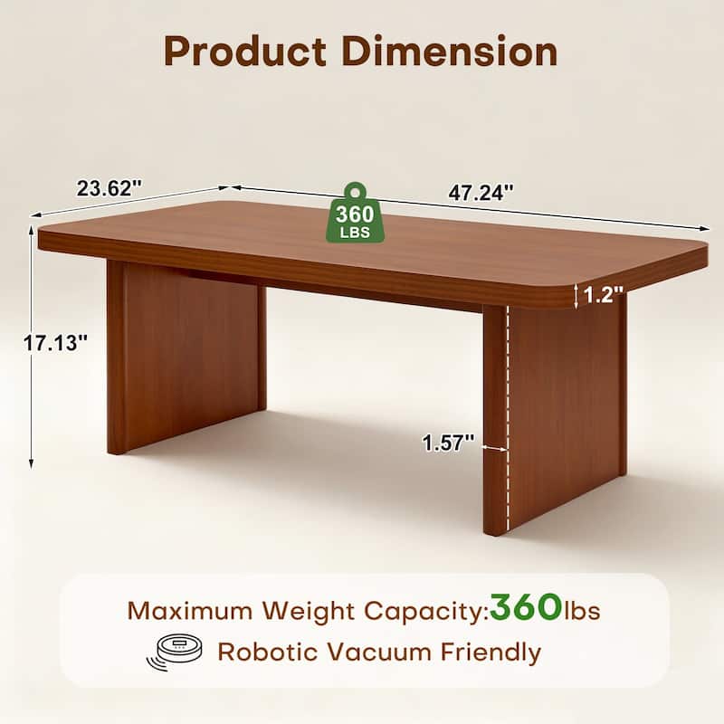 47-Inch Rectangular Center Coffee Table with Solid Pine Wood Legs - 47.24"L x 23.62"W x 17.13"H