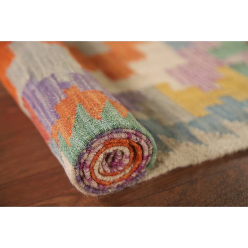 Hand Woven Oriental 100% Wool Carpet Southwestern Geometric Multi-Colored Kilim Runner Rug - 7' 10'' X 2' 9''