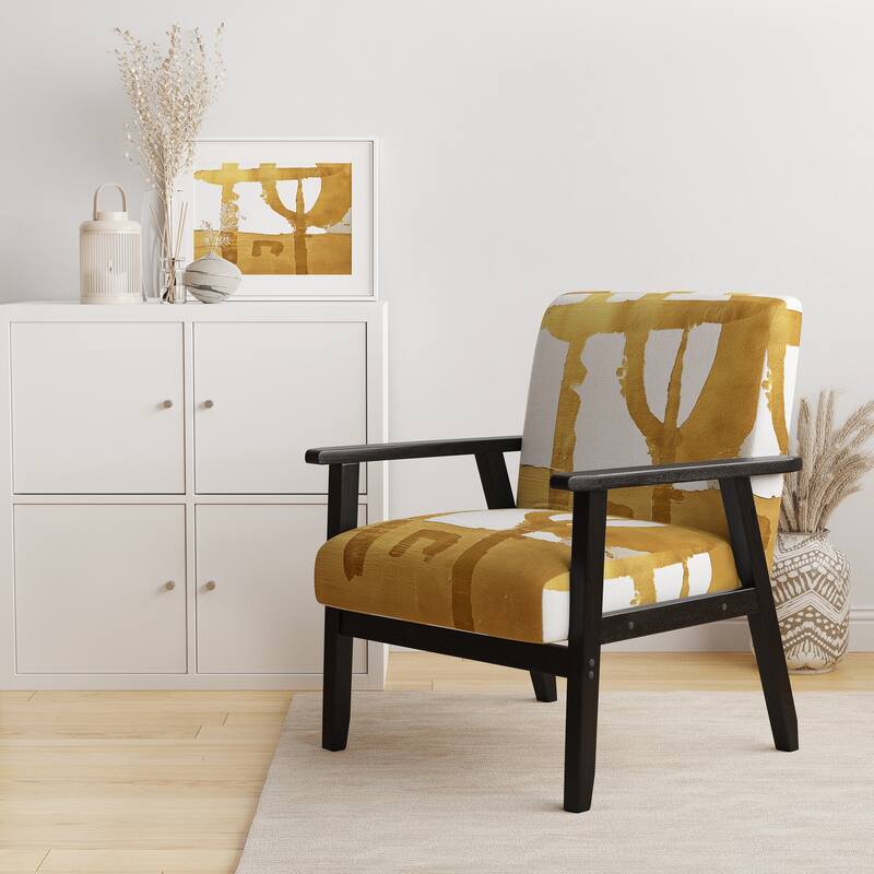 Designart "Black & White Crossing Paths I" Upholstered Abstract Accent Chair - Modern Arm Chair For Bedroom - Arm Chair - Black Wood - White & Gold
