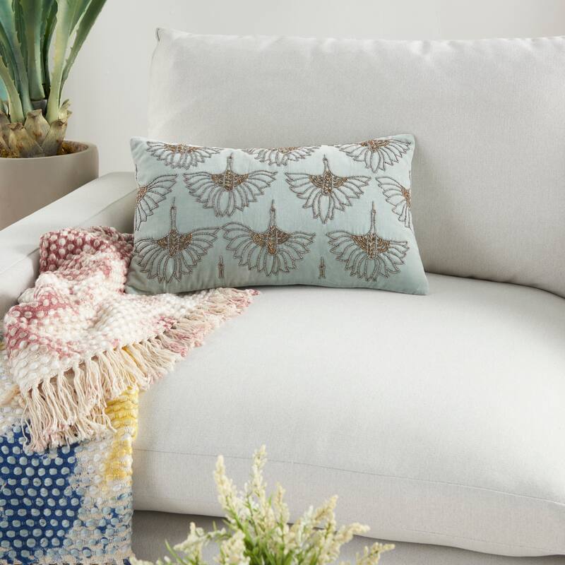 Mina Victory Beaded Flowers Throw Pillow - Green - 12" x 20"