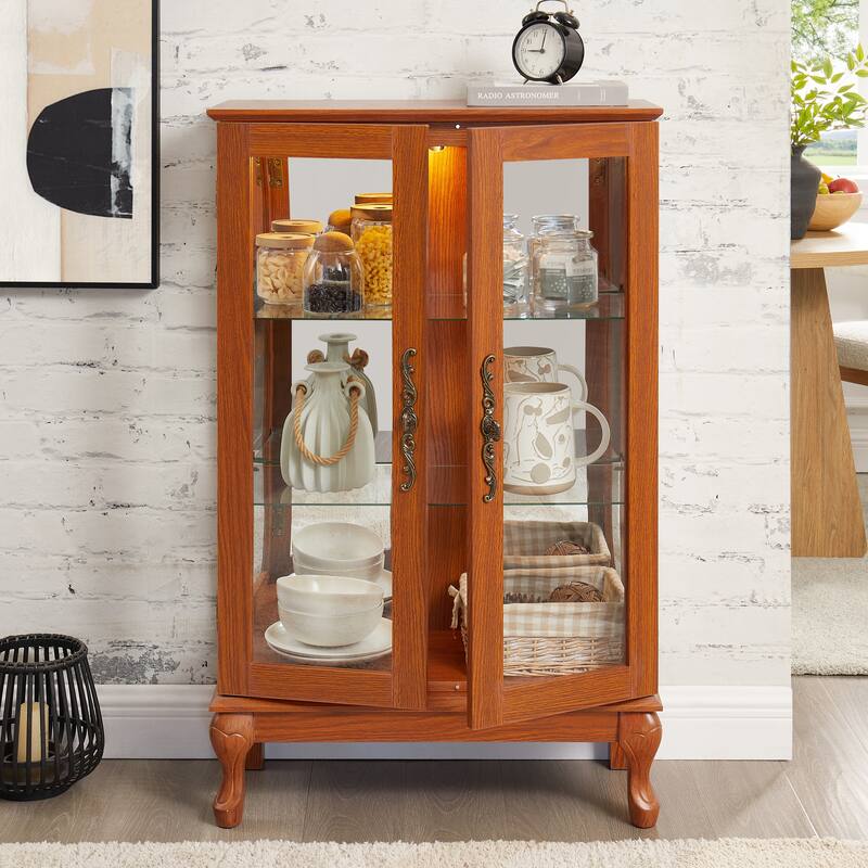 Lighted Display Cabinet with 2 Tempered Glass Doors and Adjustable Shelves - Dark Oak