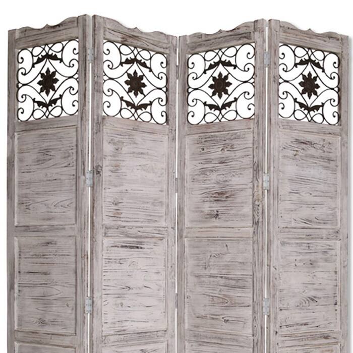 Wooden 4 Panel Screen with Textured Panels and Scrolled Details, White