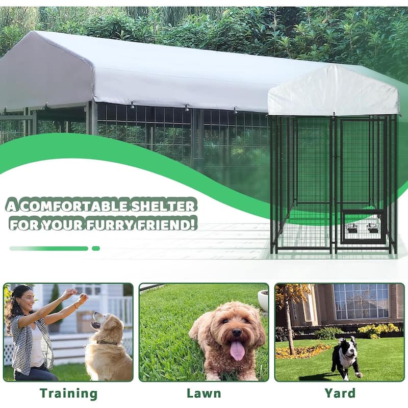 BOSSIN Large Outdoor Dog Kennel Galvanized Steel Fence with UV-Resistant Oxford Cloth Roof & Secure Lock