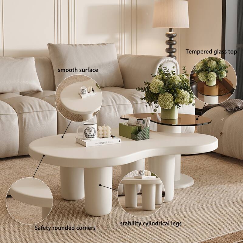 Cream White 2-Piece Nesting Coffee Tables - Glass Top, Easy Assembly for Living Room