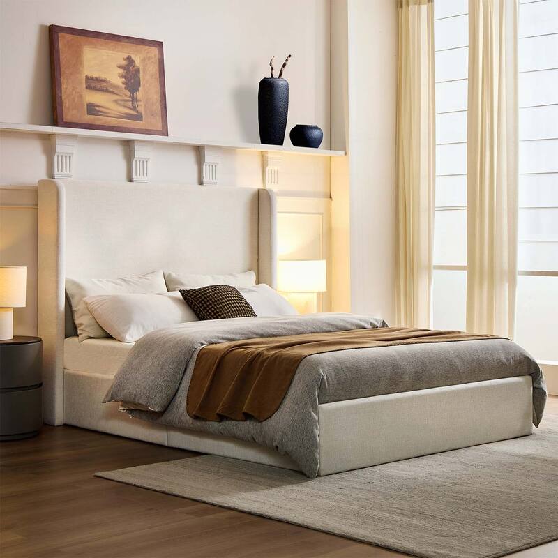 Upholstered Platform Bed - Ivory-Queen Size