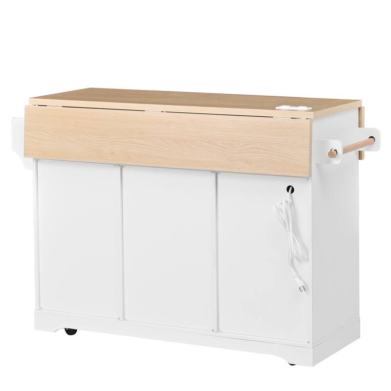 47" Multifunctional Kitchen Island Cart with US Outlet, Extendable Mobile Cabinet with 5 Wheels and 1" Thick Top