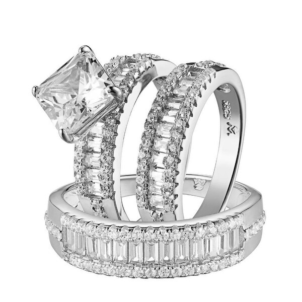 Princess Cut Engagement Trio Set Wedding Ring His & Her Sterling Silver Lady Men