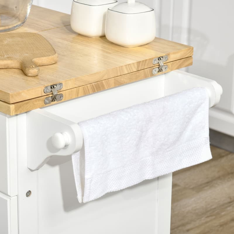 Kitchen Island with Drop Leaf Trolley Cart on Wheels Drawer Cabinet Towel Racks Versatile Use Natural Wood Top