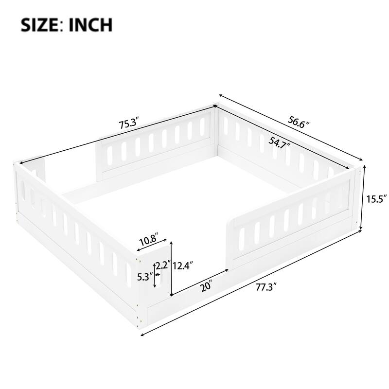 Kids Wood Floor Bed with Semi-Enclosed Guardrail and No-Slat Design
