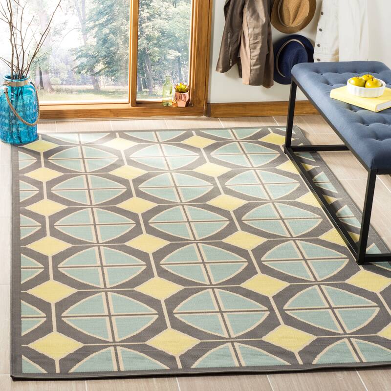 SAFAVIEH Hampton Coba Modern Indoor/ Outdoor Waterproof Patio Backyard - 4' x 6' - Dark Grey/Light Blue - Rectangle