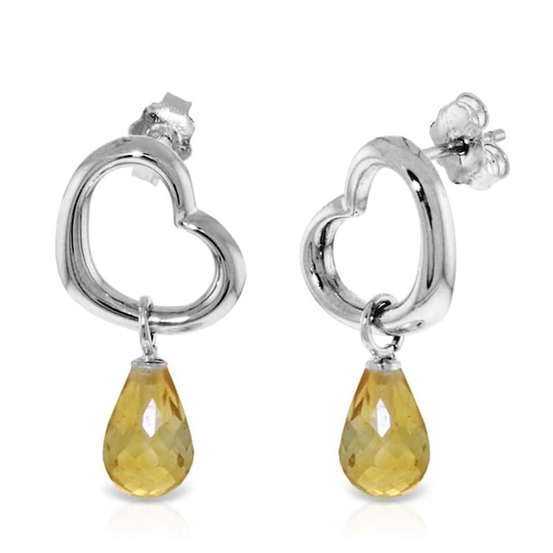 14K Solid Gold Heart Gemstone Earrings w/ Dangling Natural Citrines - White