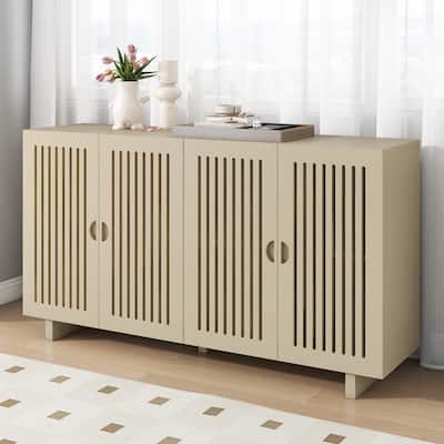 60'' Modern Sideboard Buffet Cabinet with Hollow Door Design, 2 Adjustable Shelves & Wire Management for Living Room, Almond