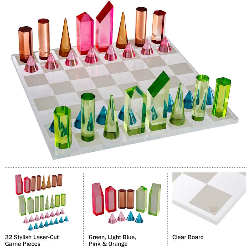 Modern Chess Set - Acrylic Chess Board with 32 Colorful Game Pieces by Trademark Games