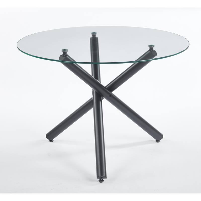 Round Glass Dining Table for 4 Person, Small Kitchen Table with Glass Tabletop & Metal Legs, Modern Leisure Coffee Table