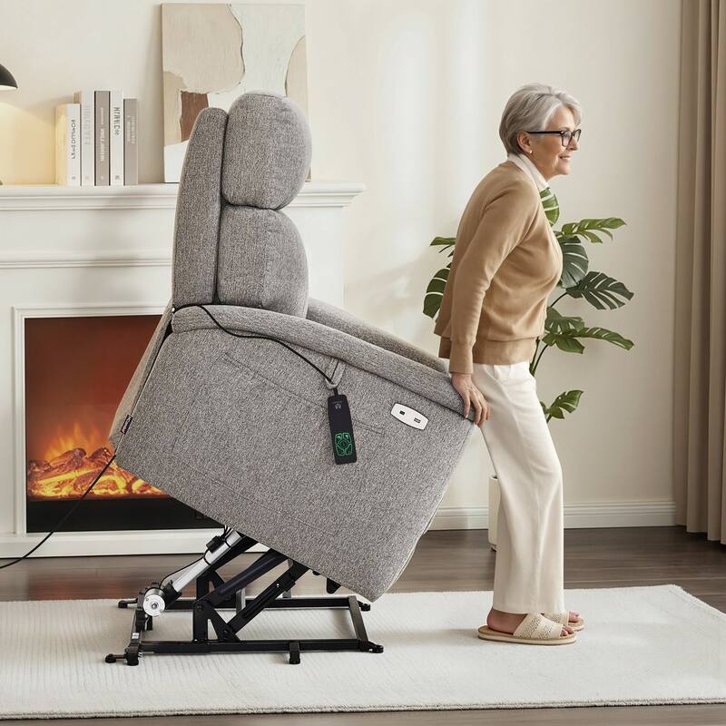MCombo Power Recliner Lift Chair with Massage, Dual Heating and Adjustable Headrest for Big Elderly People, Fabric R7605 - Mist Grey