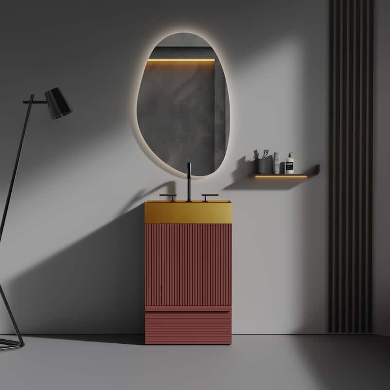 GDFStudio - Gada Stylish 20" Striped Bathroom Vanity with Integrated Stainless Steel Sink and Efficient Storage - Red - 20"