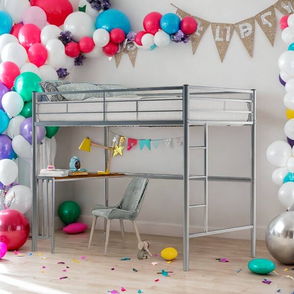 slide 2 of 27, Twin over Twin Bunk Bed with Desk, Ladder and Guardrails for Home Silver