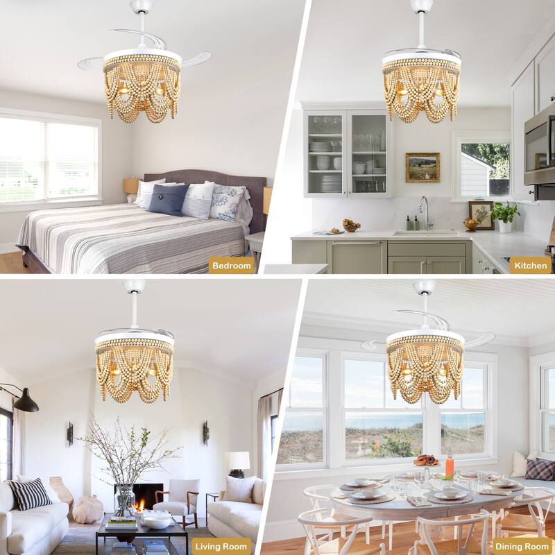 Cusp Barn 42" Retractable Ceiling Fan with Light, Farmhouse Wooden Bead Chandelier, Quiet DC Motor 6 Speeds Bohemian Ceiling Fan