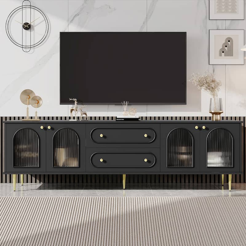 78.7'' Modern TV Stand with Five Metal Legs & Metal Handles, Glass Door Metal TV Cabinet with 2 Drawers & 2 Cabinets, Up to 80'' - Black