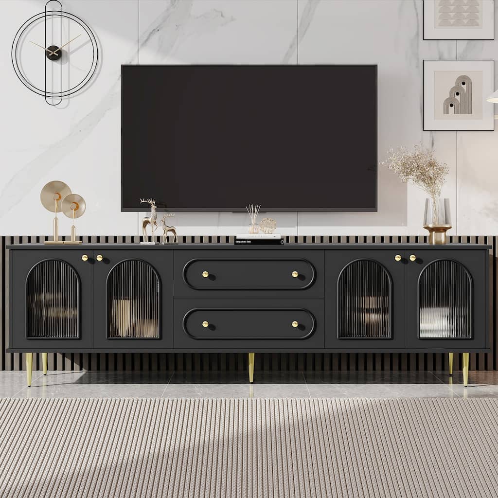 Roomfitters Modern TV Stand for up to 80 Inch TV, Media Console with Fluted Glass Doors, Drawers and Cabinets, Black