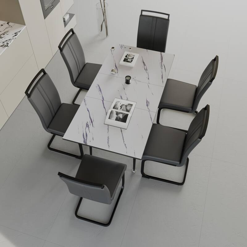 7-Piece Expandable Dining Table Set with C-shaped Tubular Cushioned Armless Chair, Scratch Resistant Plastic Feet