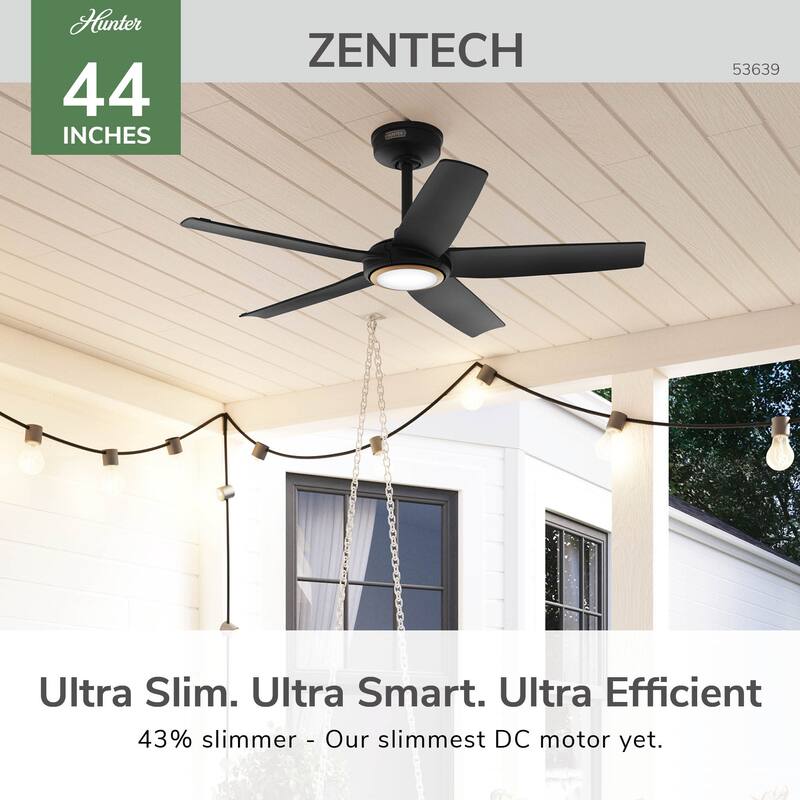 Hunter ZenTech Indoor / Outdoor 3-Blade Smart Ceiling Fan w/ LED Light and Handheld Remote - 44" - 5-Blade - Matte Black