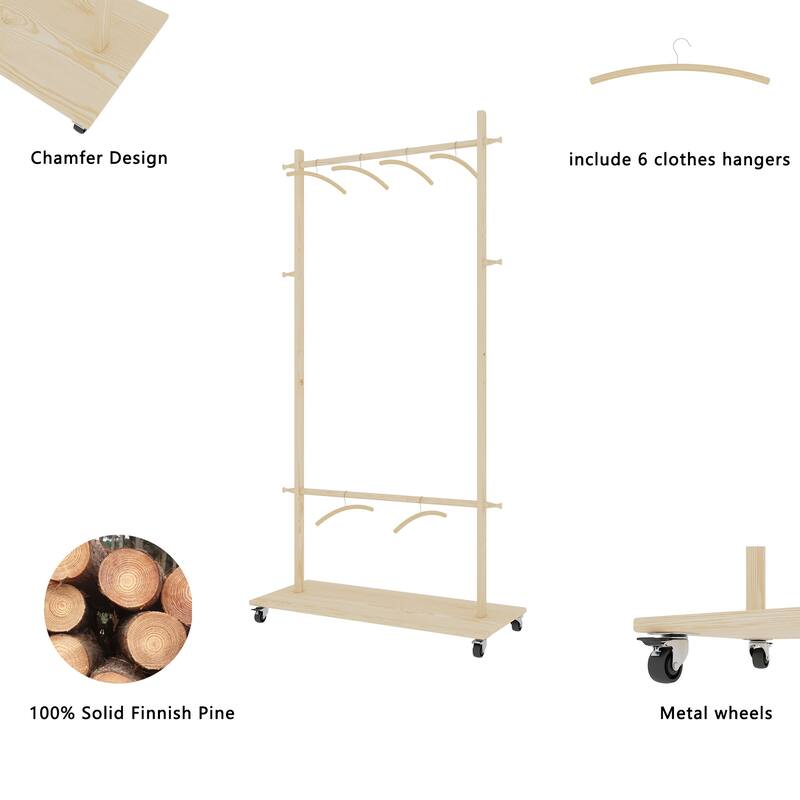 Modern Coat Rack Solid Wood Drying Rack with 6 Hangers, Adjustable Shelf and Wheels, for Living Room