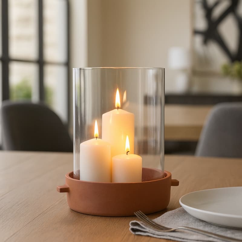 Modern Glass Hurricane Candle Holder with Terracotta Base