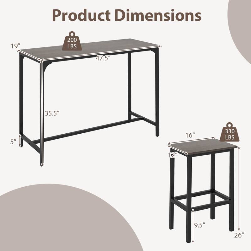 Costway 3 PCS Counter Height Table Set with Footrests Rectangular Pub