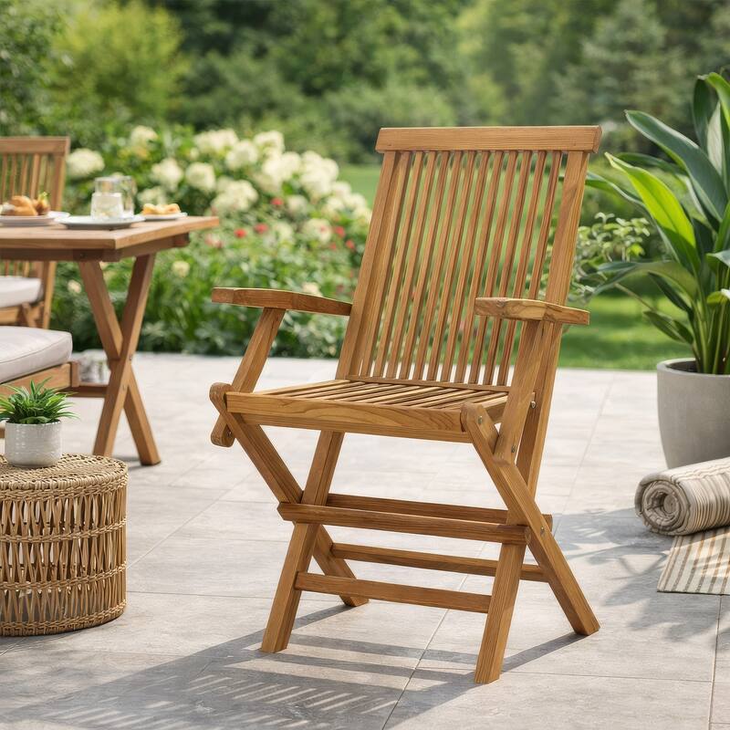 Hina Folding Outdoor ArmSet of 6, Brown Solid Teak Wood, Slatted