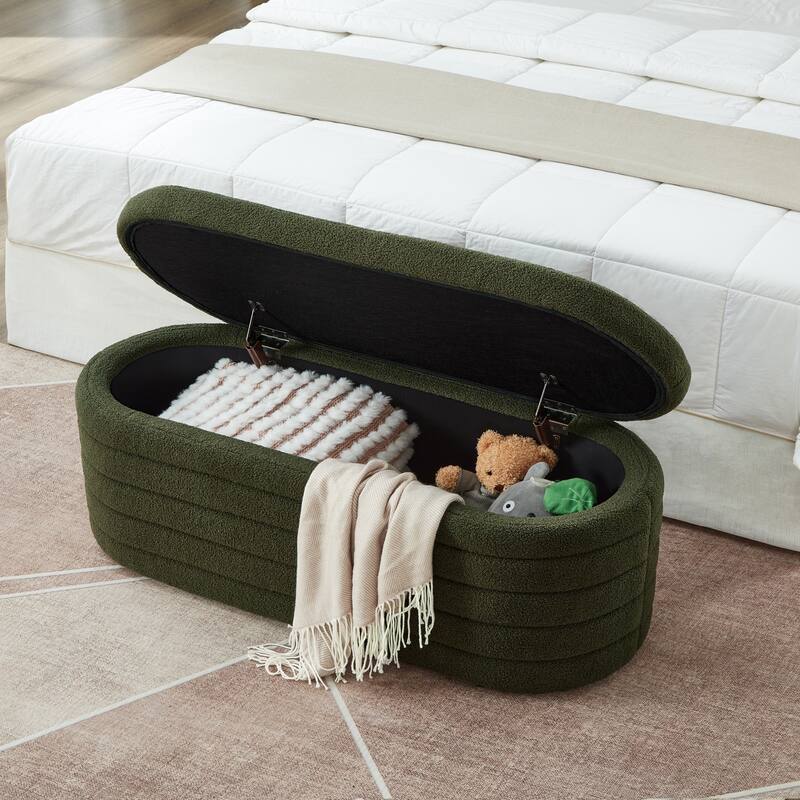 Modern Oval Storage Ottoman Bench,Boucle Teddy Fabric End of Bed Bench with Storage,End of Bed Stool with Safety Hinge