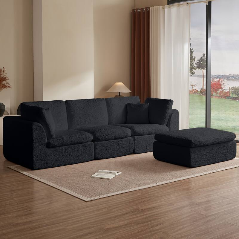 L-Shaped Convertible Cloud Sectional Sofa, Oversized Chenille Fabric Compressed Sofa, Modular 3 Seater Sofa with Ottoman
