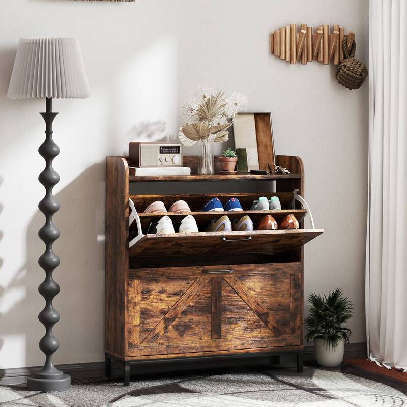 12-Pair Space-Saving Shoe Storage Cabinet with Adjustable Dividers and Flip Drawers Anti-Tip - 29.5" W x 9.4" D x 37" H