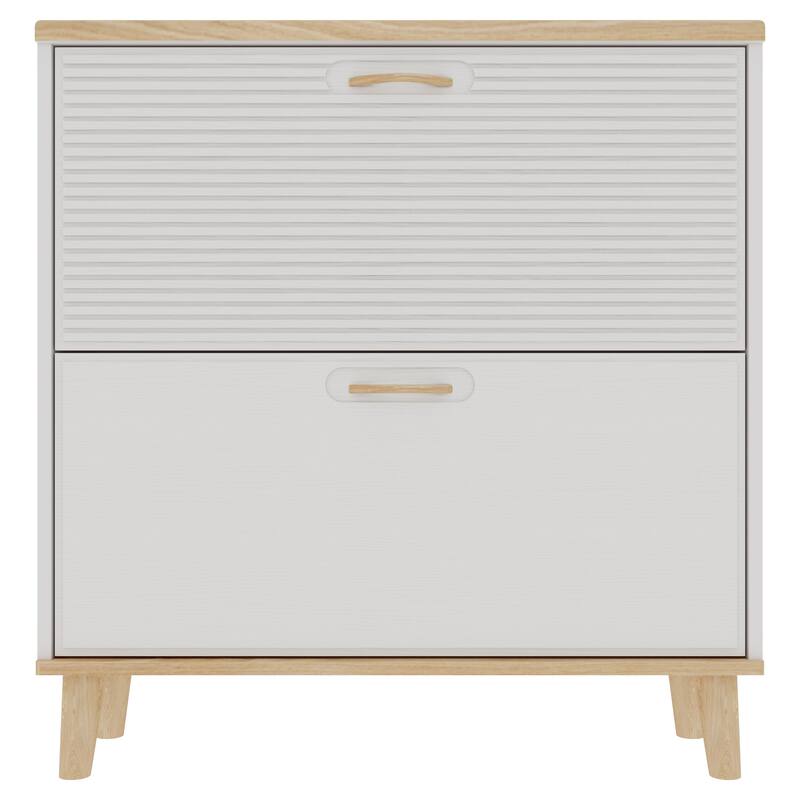 Freestanding Slim Shoe Organizer, Entryway Narrow Shoe Rack Cabinet, Shoe Cabinet with 2 Flip Drawers & Natural Wood Legs