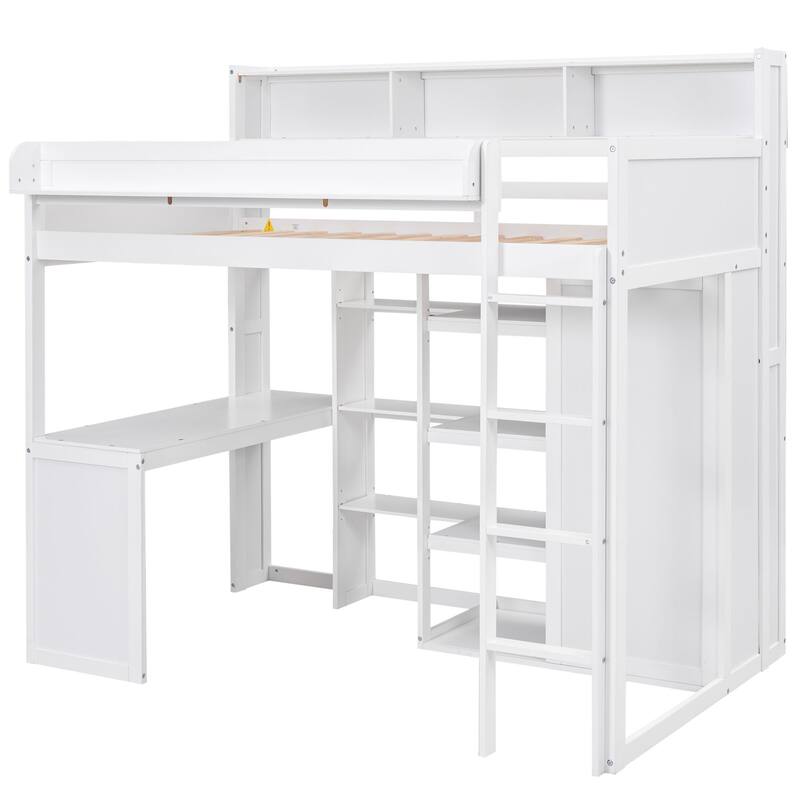 Twin Size Loft Bed with Storage Shelves, Wardrobe, and Built-in Desk, White