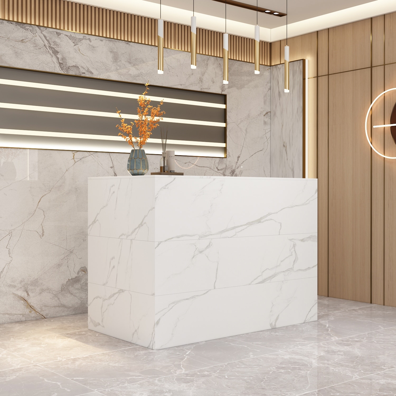 55.9-inch L-shaped Black or White Marbled Wood Reception Desk