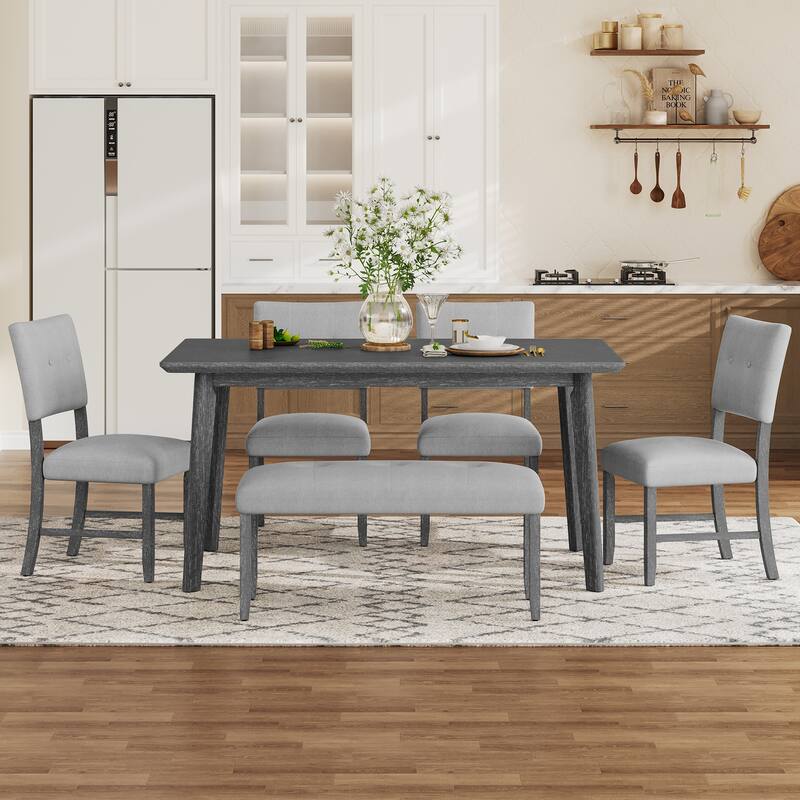 6 Piece Dining Room Table Set, Rustic Farmhouse Dining Room Rectangular Table with 4 Upholstered Chairs and Bench, Solid