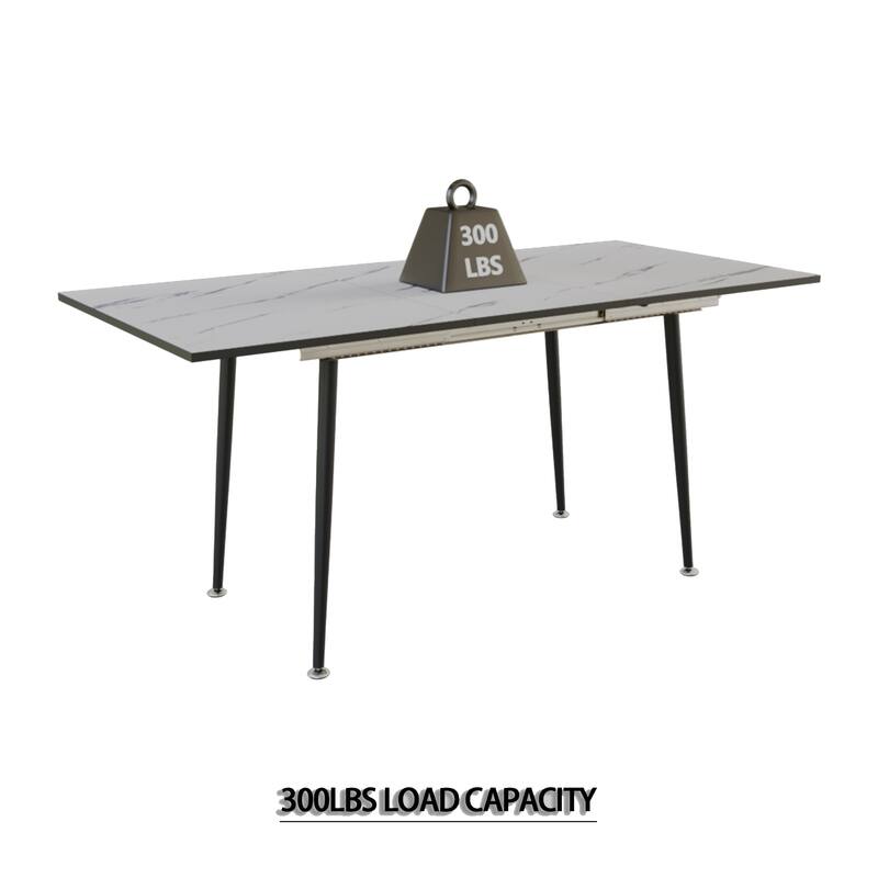 Square marble patterned dining table, modern industrial kitchen and dining table, equipped with tapered black metal legs