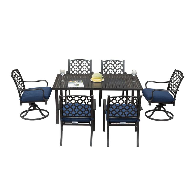 Outdoor 7 pcs Patio Dining Set, Metal Dining Table, Swivel and Dining Chairs Conversation Set with Removable Navy Blue C - Blue