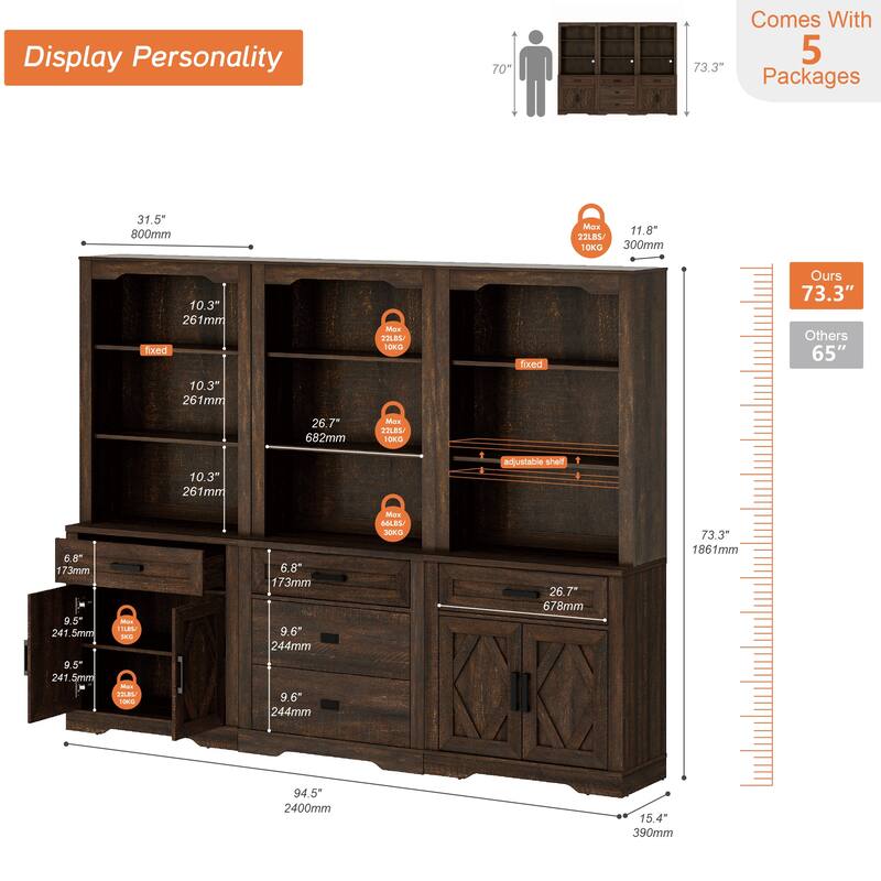 3-Column 73.3" Tall Bookshelf Set with Open Storage and Glass Doors