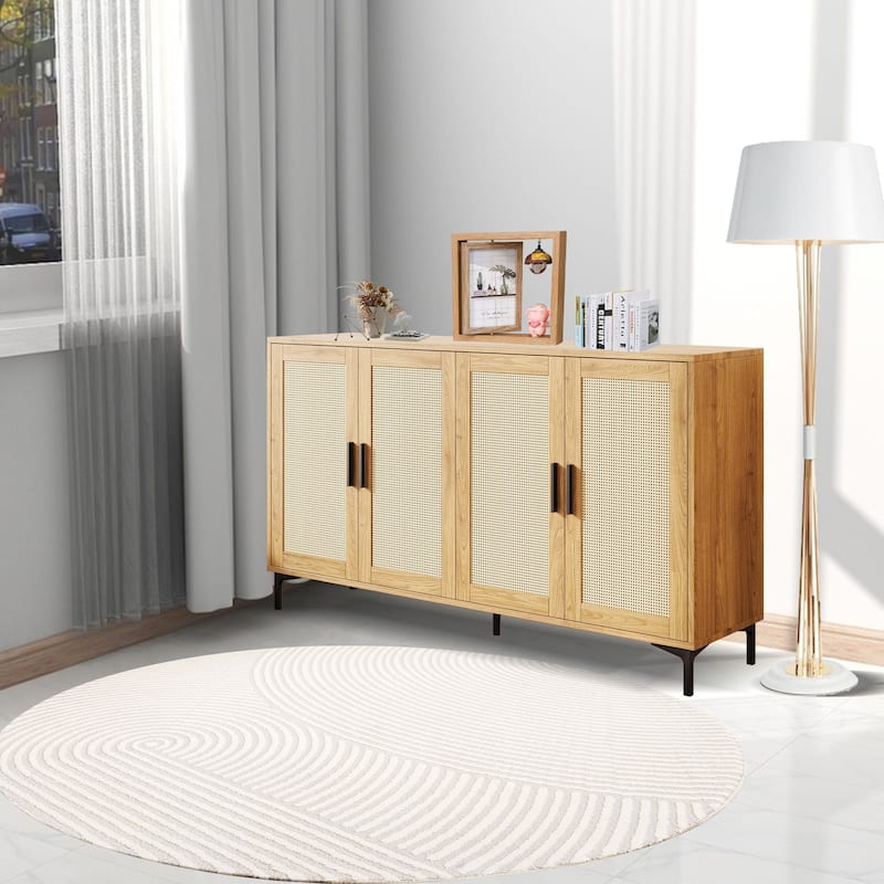 JASIWAY Buffet Table Kitchen Sideboard with Rattan Decorated Doors
