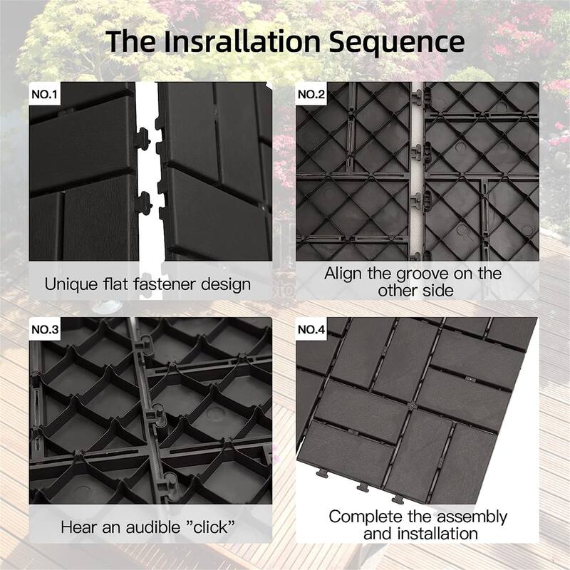 Patio Interlocking Deck Tiles, 12"x12"Square Composite Decking Tiles, Four Slat Plastic Outdoor Flooring Tile (Grey) - 12"x12"