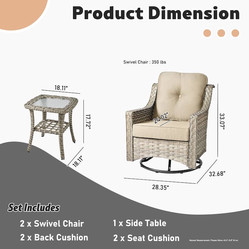 XIZZI 3-Piece Swivel Rocking Chair Rattan Wicker Outdoor Patio Furniture Bistro Set