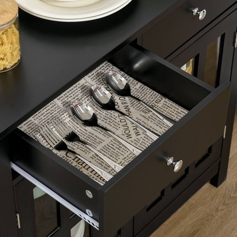 Accent Kitchen Cabinet with Glass Doors, Adjustable Shelf and 2 Drawers - Black