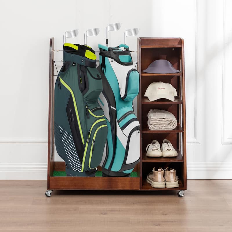 Wooden Golf Bag Organizer and Storage Rack - Holds 2 Golf Bags, 12 Clubs, 4-5 Pairs of Golf Shoes, 50+ Golf Balls - 35.5'' Brown