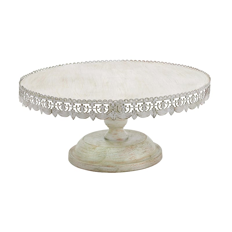 Metal Floral Cake Stand with Lace Inspired Edge - Cream - Roche River Decor - Cream  - 22"W, 10"H