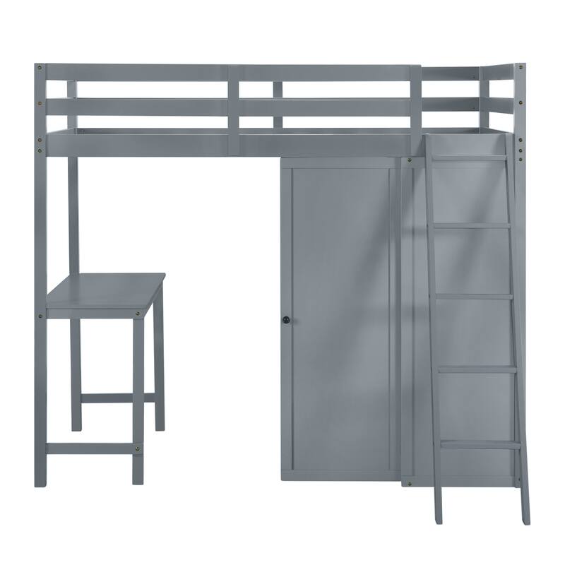 Twin/Full Size Loft Bed with Wardrobe and Desk, Durable Rubber Wood Frame