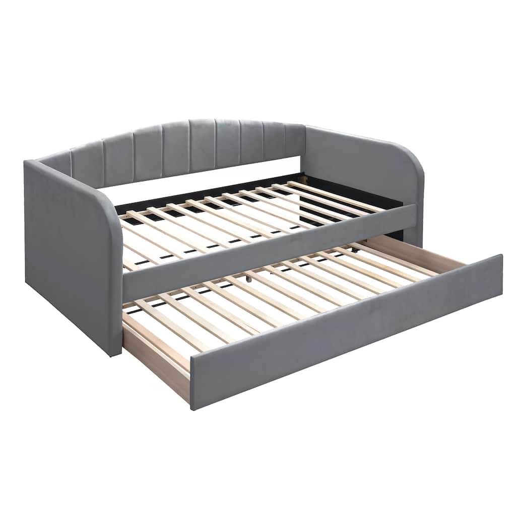 Keo Daybed with Pull Out Trundle, Channel Tufted Modern Gray Velvet